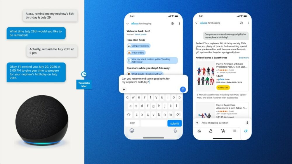 Sequence illustrating a conversational shopping experience. On the left, a reminder history with Alexa; in the centre, a user typing in the 'Alexa for Shopping' chat asking for gift recommendations; and on the right, Rufus's response within the Amazon app showing specific products like action figures with prices and ratings.