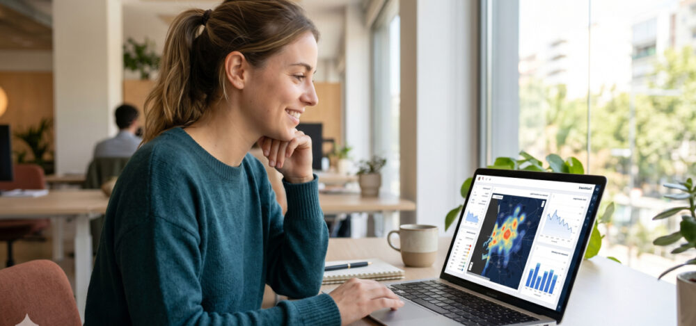 A professional analyses a territorial intelligence dashboard on her computer, showing heat maps and performance charts for business decision-making.