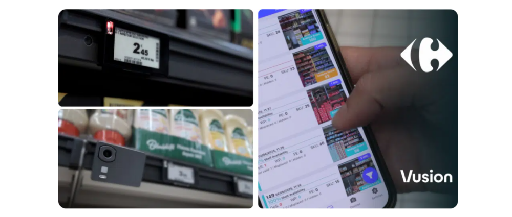 Photographic composition showing Carrefour’s Smart Store ecosystem, including Digital Shelf Labels with light indicators, shelf sensors, and a Vusion mobile app for real-time inventory management.