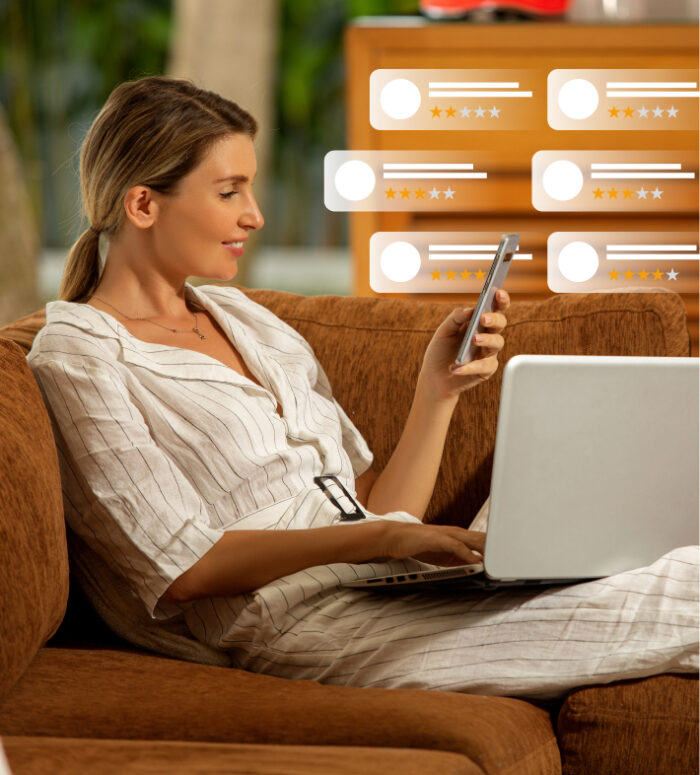 woman reading product reviews