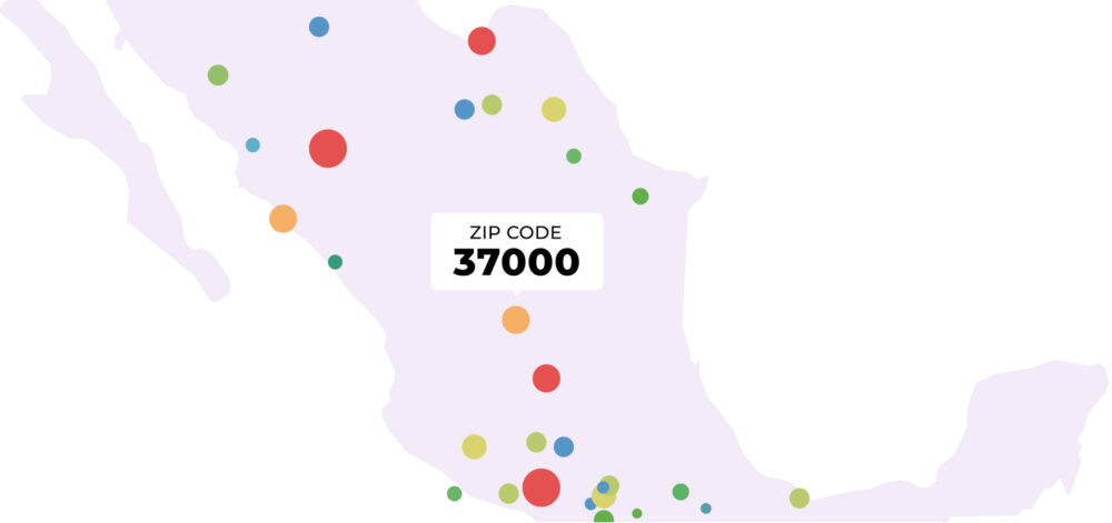 Map of Mexico with data bubbles of different sizes and colours, highlighting the analysis by postcode to identify key areas for growth.
