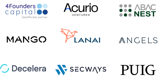 logos inversores mobile A row of company and investor logos on a solid white background. From left to right, the logos are: Angels, Acurio Ventures, Abac Nest, Mango, Lanai, 4Founders Capital, Decelera, Secways, and Puig.