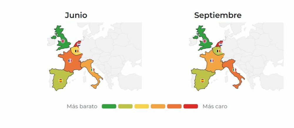 Mapas comparan el precio medio del café por país en junio y septiembre, con una escala de colores que va de más barato a más caro.