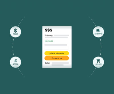 Infografía explicativa sobre los factores que influyen en la buy box, destacando la relación entre el precio, el stock, la logística y la identidad del vendedor.