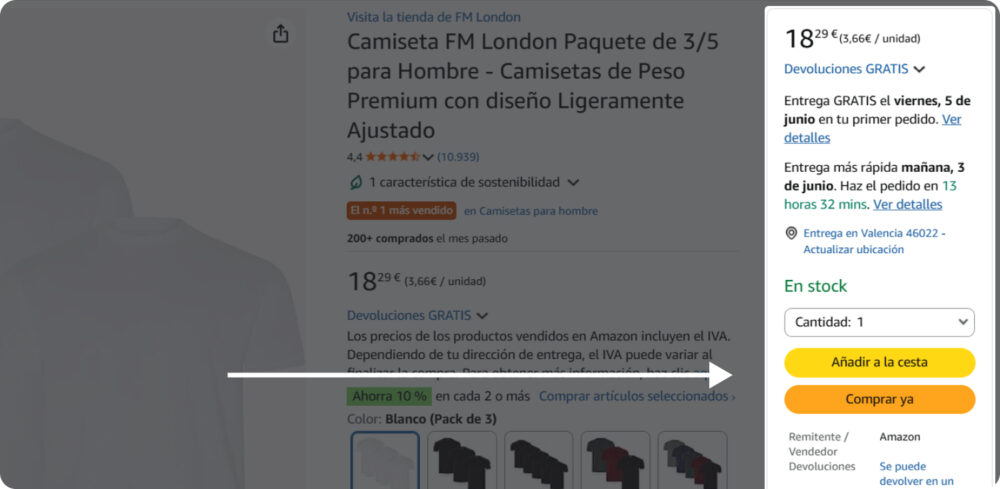 Screenshot of an Amazon product page pointing out the location of the buy box, where the customer checks the price and availability of the item.