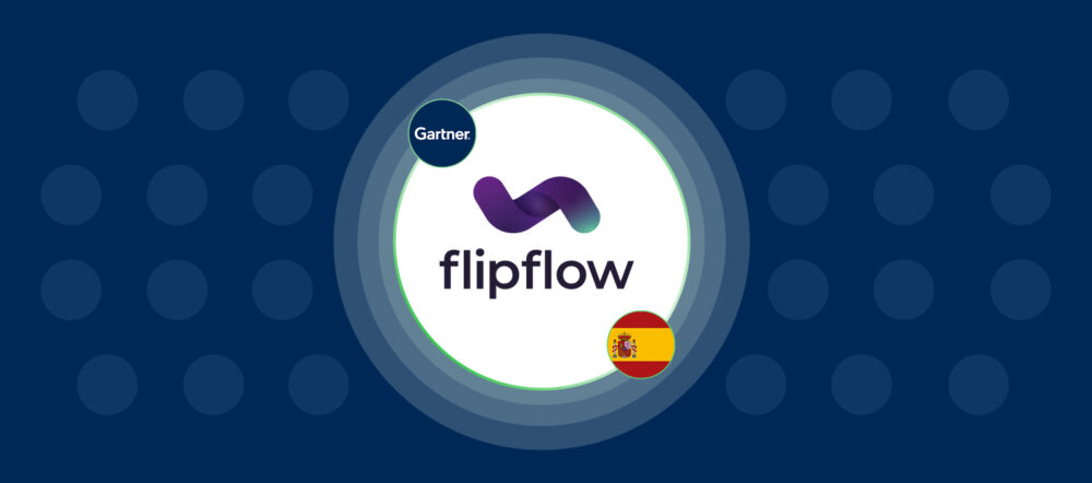 Flipflow logo in a central circle, accompanied by the Gartner logo and the Spanish flag on a blue dotted background, highlighting its recognition in the Digital Shelf Analytics Market Guide.