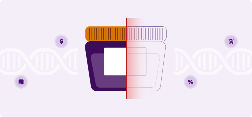 Illustration of a retail product split in half, with a DNA helix in the background and price and logistics icons, representing the depth of category intelligence applied to a product.