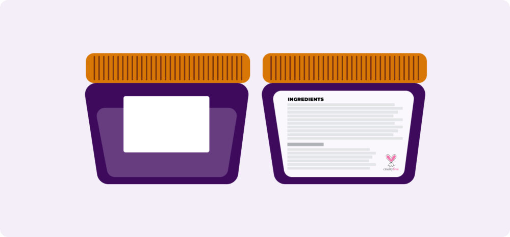 Front and back view of a container, showing ingredients and quality seals, essential data for feeding category intelligence tools in the retail sector.