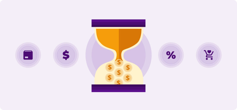 Illustration of an hourglass converting retail data into monetary gains, surrounded by category intelligence symbols such as discounts, shopping carts, and logistics.