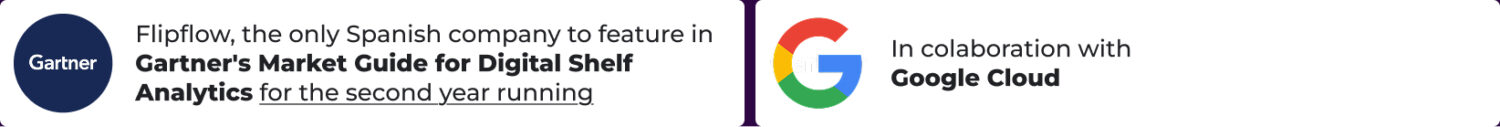 badges-EN Corporate trust banner showcasing the Gartner logo, highlighting Flipflow as the only Spanish company in Gartner's Market Guide for Digital Shelf Analytics for two consecutive years, alongside the Google Cloud collaboration badge