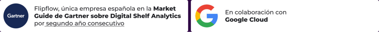 Corporate trust banner showcasing the Gartner logo, highlighting Flipflow as the only Spanish company in Gartner's Market Guide for Digital Shelf Analytics for two consecutive years, alongside the Google Cloud collaboration badge
