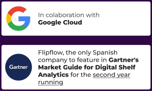 badges-mobile-EN Corporate trust banner showcasing the Gartner logo, highlighting Flipflow as the only Spanish company in Gartner's Market Guide for Digital Shelf Analytics for two consecutive years, alongside the Google Cloud collaboration badge