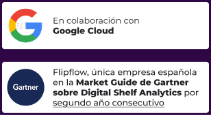 Corporate trust banner showcasing the Gartner logo, highlighting Flipflow as the only Spanish company in Gartner's Market Guide for Digital Shelf Analytics for two consecutive years, alongside the Google Cloud collaboration badge
