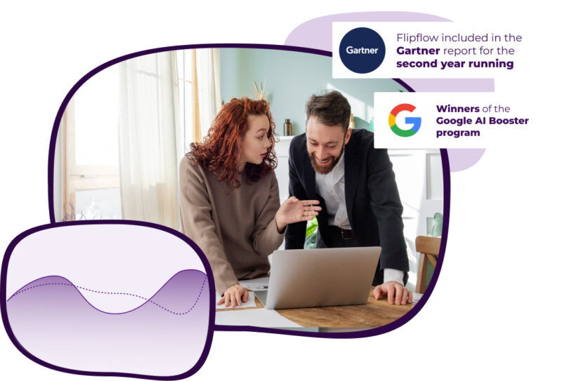 team members analyzing data on a laptop, highlighted by badges celebrating company milestones: recognition in the Gartner report for the second consecutive year and being named winners of the Google AI Booster program