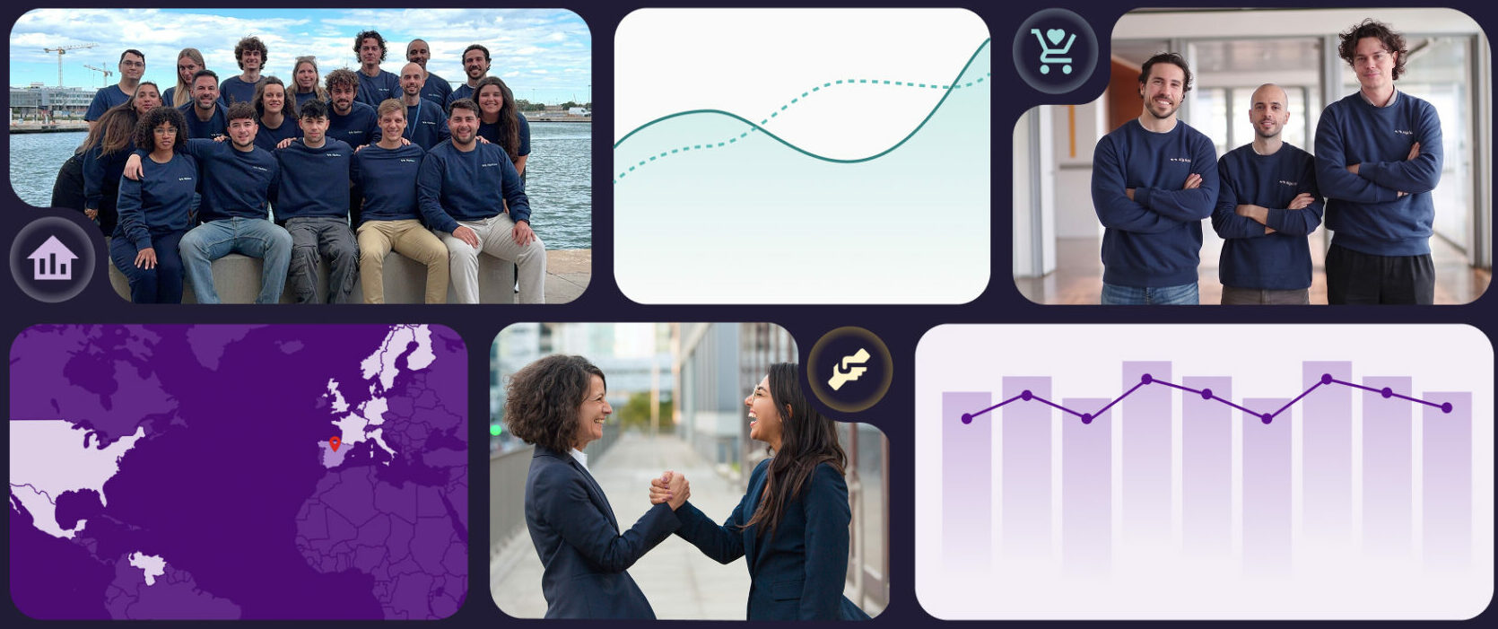 Hero banner collage for Flipflow featuring the corporate team, international coverage map with a location pin in Spain, real-time analytics line graphs, and business professionals shaking hands to symbolize partnership and data-driven e-commerce success.