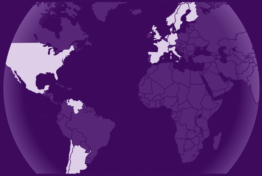 World map with Argentina, Chile, Venzuela, Mexico, USA, Netherlands, Spain, Italy, France and germany selected