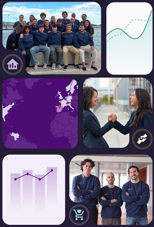 Hero banner collage for Flipflow featuring the corporate team, international coverage map with a location pin in Spain, real-time analytics line graphs, and business professionals shaking hands to symbolize partnership and data-driven e-commerce success.