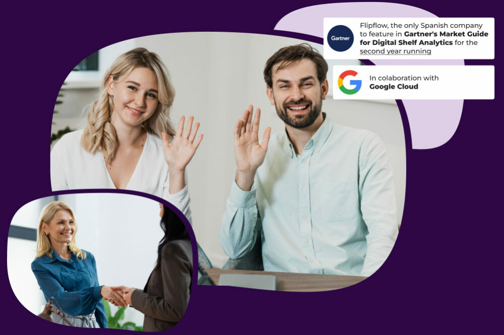 Team members waving during a video call and professionals shaking hands, featuring trust badges for the Gartner Market Guide for Digital Shelf Analytics and the Google Cloud collaboration.