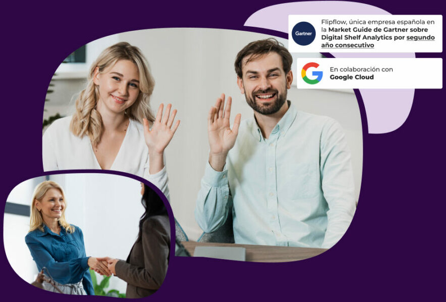 team members waving during a video call and professionals shaking hands, featuring trust badges for the Gartner Market Guide for Digital Shelf Analytics and the Google Cloud collaboration.