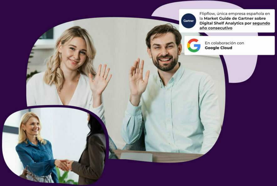 team members waving during a video call and professionals shaking hands, featuring trust badges for the Gartner Market Guide for Digital Shelf Analytics and the Google Cloud collaboration.