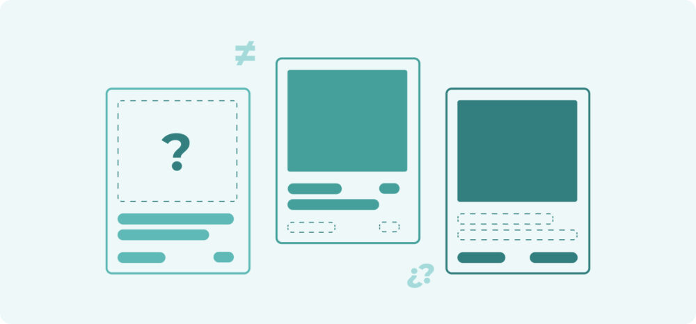 Representation of products on the digital shelf with fragmented information and question marks, symbolising a poor user experience due to a lack of data.