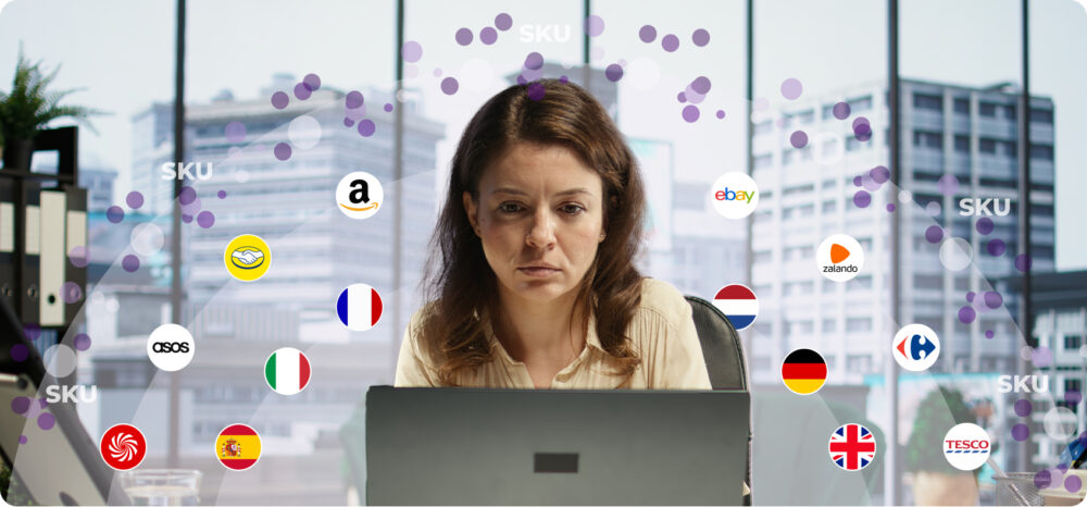 A woman in front of her computer shows a stressed expression while surrounded by icons of various sellers and e-commerce platforms like Amazon, eBay and Zalando. The image illustrates the complexity of managing multiple SKUs and international flags in a global sales strategy.