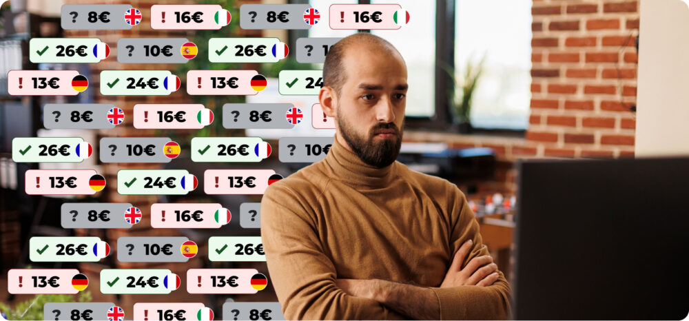 An online sales specialist observes his monitor seriously, with a background composed of multiple international price tags. The image conveys the importance of sellers maintaining constant vigilance over the competition to ensure a coherent commercial strategy.