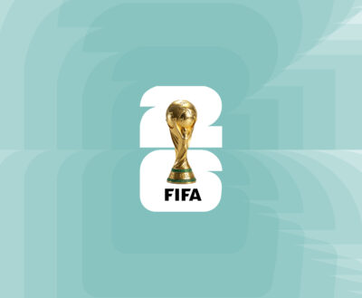 Logo oficial de la FIFA para el Mundial 2026, que presenta el trofeo de la Copa del Mundo en dorado sobre un diseño gráfico de los números "26" en blanco con fondo verde azulado.