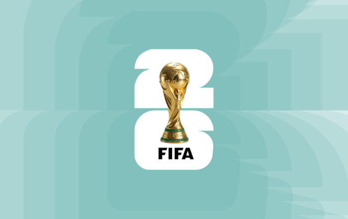 Logo oficial de la FIFA para el Mundial 2026, que presenta el trofeo de la Copa del Mundo en dorado sobre un diseño gráfico de los números "26" en blanco con fondo verde azulado.