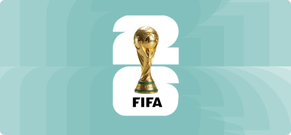 Official FIFA logo for the 2026 World Cup, featuring the World Cup trophy in gold over a graphic design of the numbers "26" in white on a teal background.