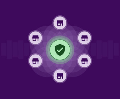 Ilustración conceptual que muestra una red de tiendas interconectadas mediante un sistema de verificación centralizado, diseñado para optimizar la ejecución de Store checks digitales y la protección de datos comerciales.