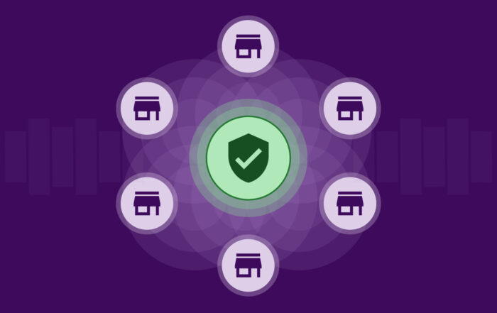 Ilustración conceptual que muestra una red de tiendas interconectadas mediante un sistema de verificación centralizado, diseñado para optimizar la ejecución de Store checks digitales y la protección de datos comerciales.