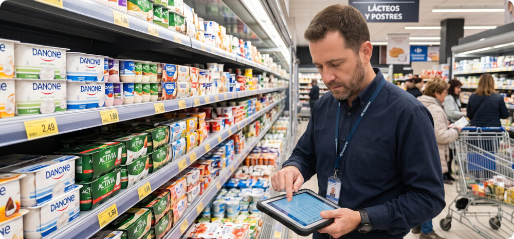 A professional performs an audit in the dairy aisle of a supermarket using a tablet to validate physical Store checks against assortment intelligence information previously obtained through geolocated crawling.
