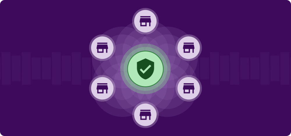 Conceptual illustration showing a network of interconnected stores via a centralised verification system, designed to optimise the execution of digital Store checks and commercial data protection.