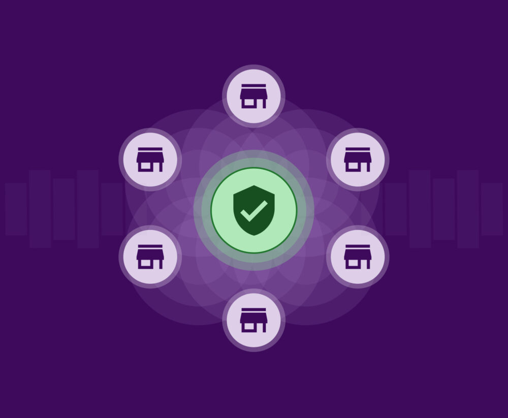 Ilustración conceptual que muestra una red de tiendas interconectadas mediante un sistema de verificación centralizado, diseñado para optimizar la ejecución de Store checks digitales y la protección de datos comerciales.