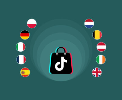 Gráfico central de una bolsa de compra con el logotipo de TikTok Shop, rodeada por las banderas de diversos países como España, Francia, Alemania e Italia. Esta ilustración simboliza la estrategia de expansión en Europa de la plataforma
