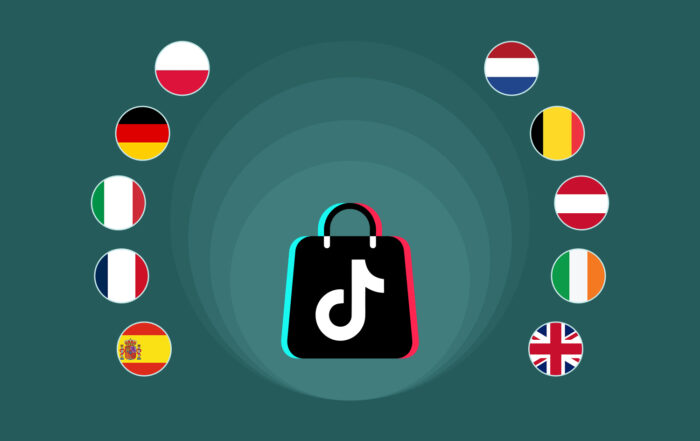 Gráfico central de una bolsa de compra con el logotipo de TikTok Shop, rodeada por las banderas de diversos países como España, Francia, Alemania e Italia. Esta ilustración simboliza la estrategia de expansión en Europa de la plataforma