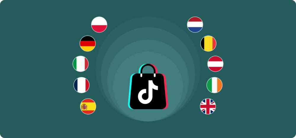 Gráfico central de una bolsa de compra con el logotipo de TikTok Shop, rodeada por las banderas de diversos países como España, Francia, Alemania e Italia. Esta ilustración simboliza la estrategia de expansión en Europa de la plataforma para conectar marcas y usuarios en un mercado paneuropeo.