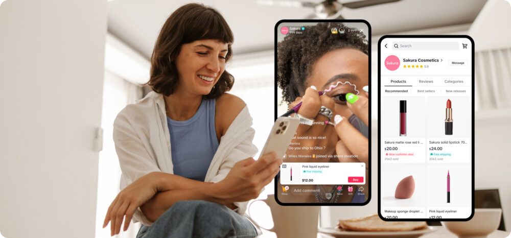 Una usuaria interactúa con contenidos de belleza y cosméticos a través de TikTok Shop en su smartphone. Se muestran pantallas con demostraciones de productos en vivo y catálogos, destacando el potencial del mercado paneuropeo tras la expansión en Europa de estas funciones comerciales.