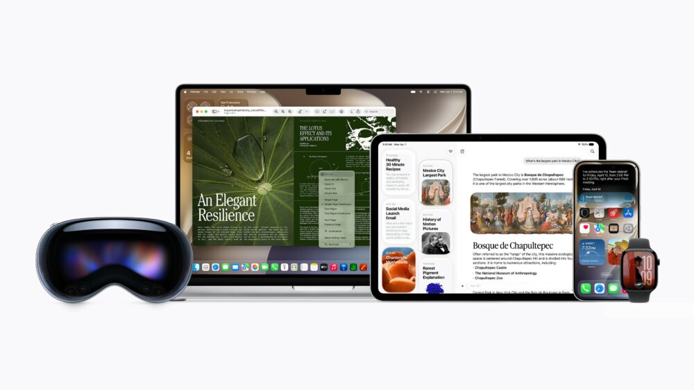 Una composición de productos Apple que incluye una MacBook, un iPad, un iPhone, un Apple Watch y el Vision Pro. Cada dispositivo muestra interfaces de Siri AI trabajando de forma coordinada, destacando la visión de la marca sobre una IA agéntica integrada que actúa como un asistente agéntico en todo el ecosistema de hardware.