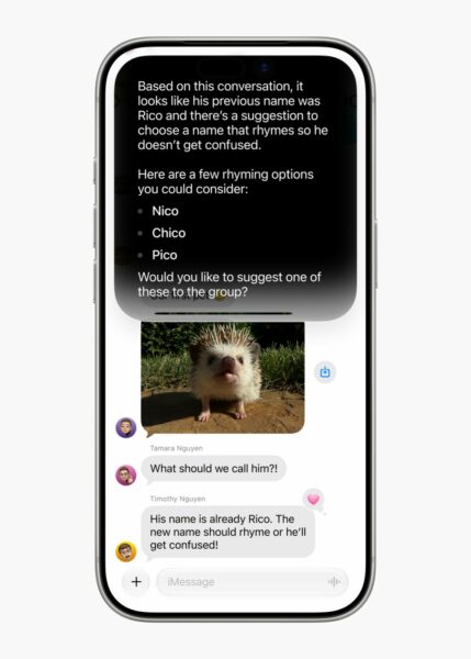 Captura de pantalla de un iPhone donde se ve una conversación de iMessage sobre el nombre de una mascota. Siri AI aparece en una ventana emergente sugiriendo nombres que riman con "Rico" basándose en el historial del chat. Esta función de Apple demuestra las capacidades de un asistente agéntico con conciencia de contexto, propio de la nueva IA agéntica.