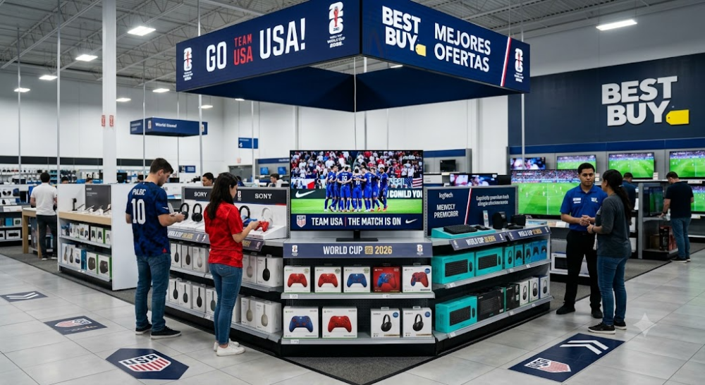 An In-Store Retail Media display area inside a Best Buy store, with screens and advertising posters for "Team USA" and "Go USA" in preparation for the 2026 World Cup.