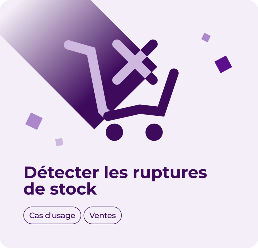 An abstract icon card in French titled 'Dépister les ruptures de stock' (Detect stock-outs), featuring a shopping cart marked with an 'X' symbol. Tagged under Use Cases ('Cas d'usage') and Sales ('Ventes') for Flipflow's real-time stock availability tracking.