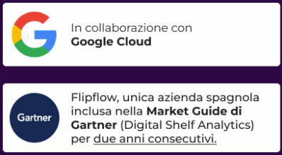 Corporate trust banner highlighting Flipflow's recognition in Gartner's Market Guide for Digital Shelf Analytics alongside the Google Cloud collaboration badge.