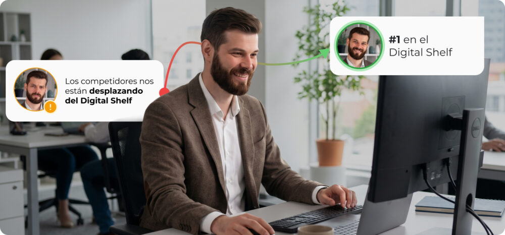 Profesional sonriente trabajando frente al ordenador de una oficina, con dos bocadillos informativos que muestran su evolución: uno previo preocupado indicando "Los competidores nos están desplazando del Digital Shelf" y uno actual exitoso destacando la consecución del puesto "#1 en el Digital Shelf".