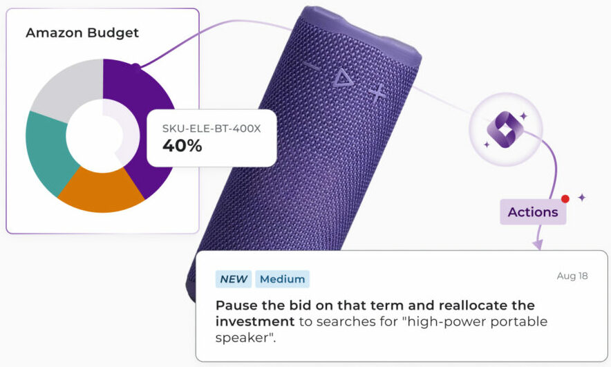 Tyrell AI Retail Media optimization card analyzing Amazon ad budget allocation for portable speakers. The automated action suggests pausing low-performing keyword bids and reallocating spend to high-intent search terms.