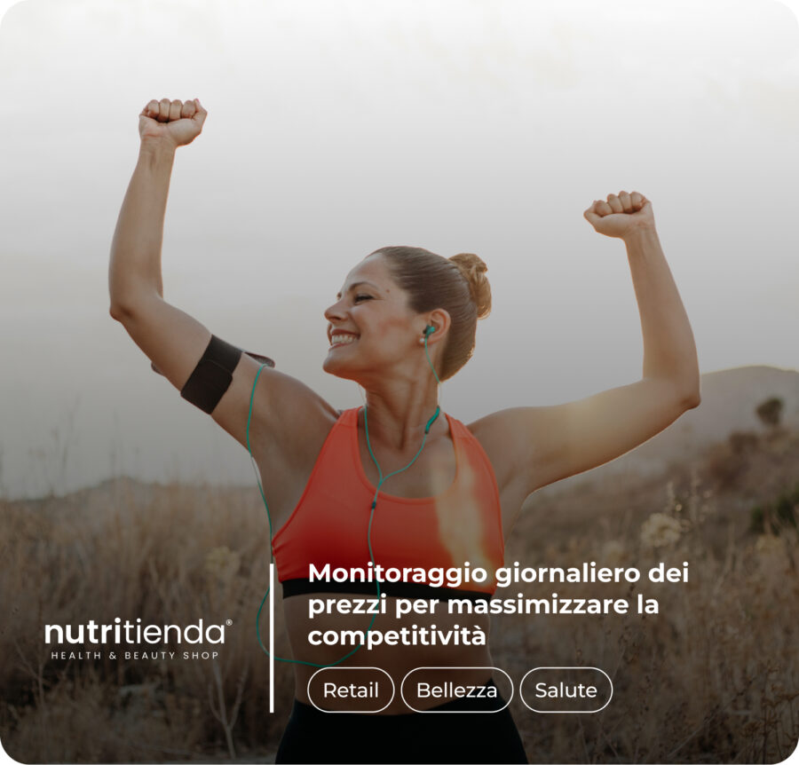Nutritienda success story banner in French featuring a woman celebrating outdoors after a workout. Overlay text reads 'Surveillance quotidienne des prix pour maximiser la compétitivité' (Daily price monitoring to maximize competitiveness), categorized under Retail, Beauty, and Health.