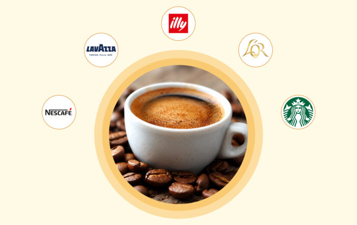 Marques de café populaires comme Illy, Lavazza, Nescafé, Starbucks et L'OR autour d'une tasse d'expresso.
