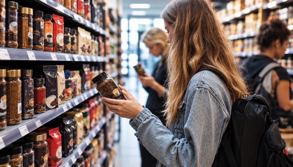 Una compradora examina un producto de café en un supermercado, rodeada de estanterías con diferentes tipos de café.