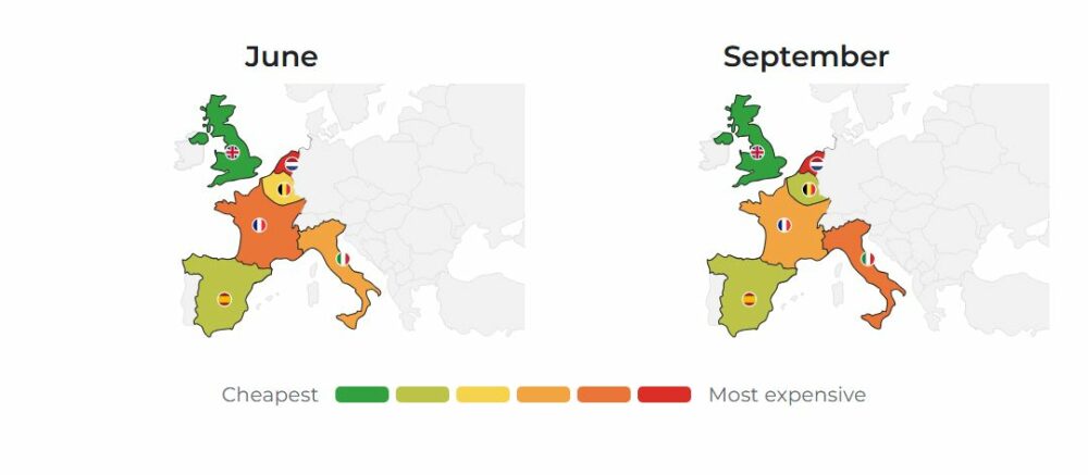 Maps compare the average price of coffee by country in June and September, with a colour scale ranging from cheapest to most expensive.